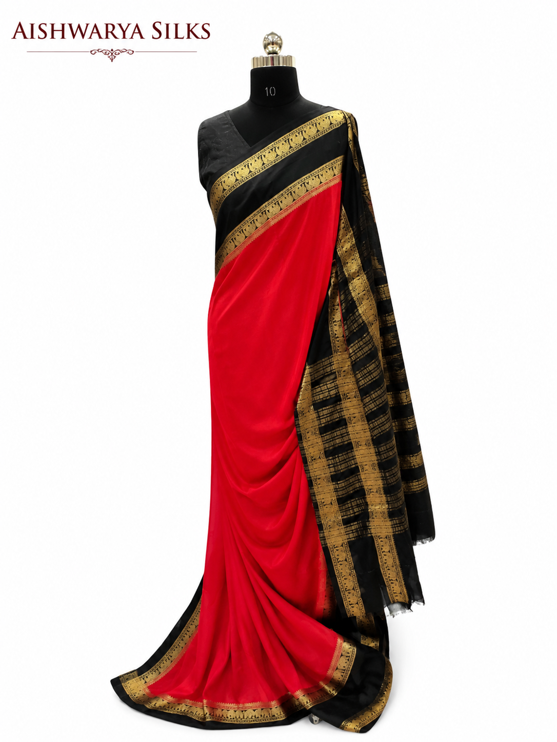 Red & Black Semi Mysore Crepe Saree