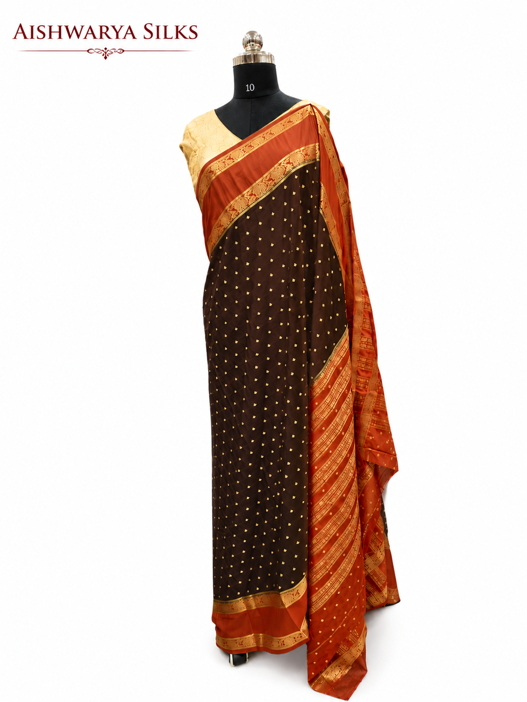 Coffee Brown & Rust Orange Semi Mysore Crepe Saree