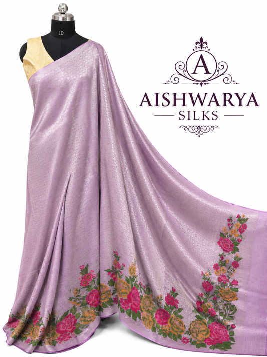 Lavender Pink Semi Mashru Banaras Saree with Floral Border Design