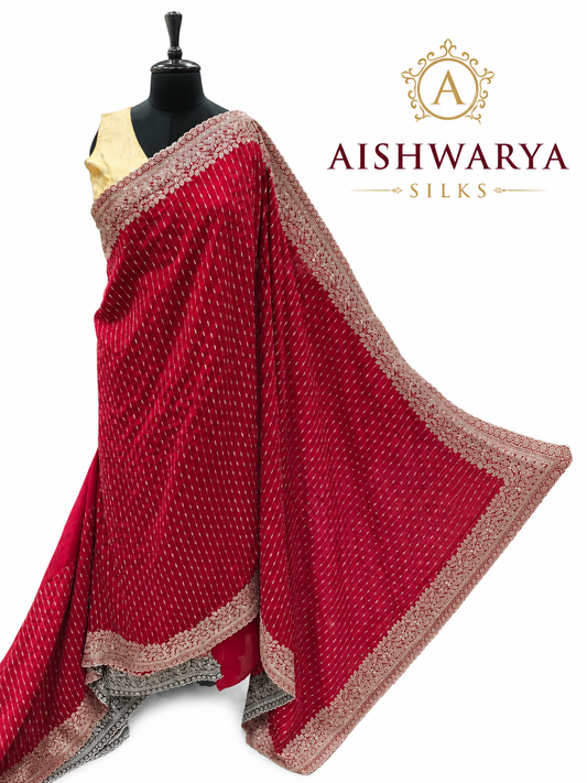 Red Designer Party Wear Silk Saree with Silver Zari Stripe Weaving