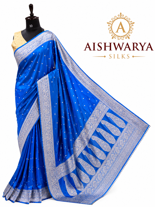 Royal Blue Semi Mashru Banarasi Silk Saree with Silver Zari Weaving