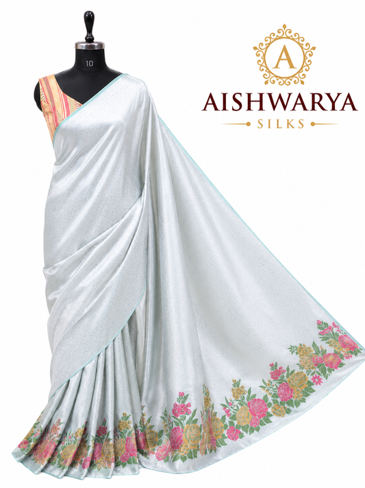 Ice Blue Floral Printed Silk Saree with Elegant Rose Border