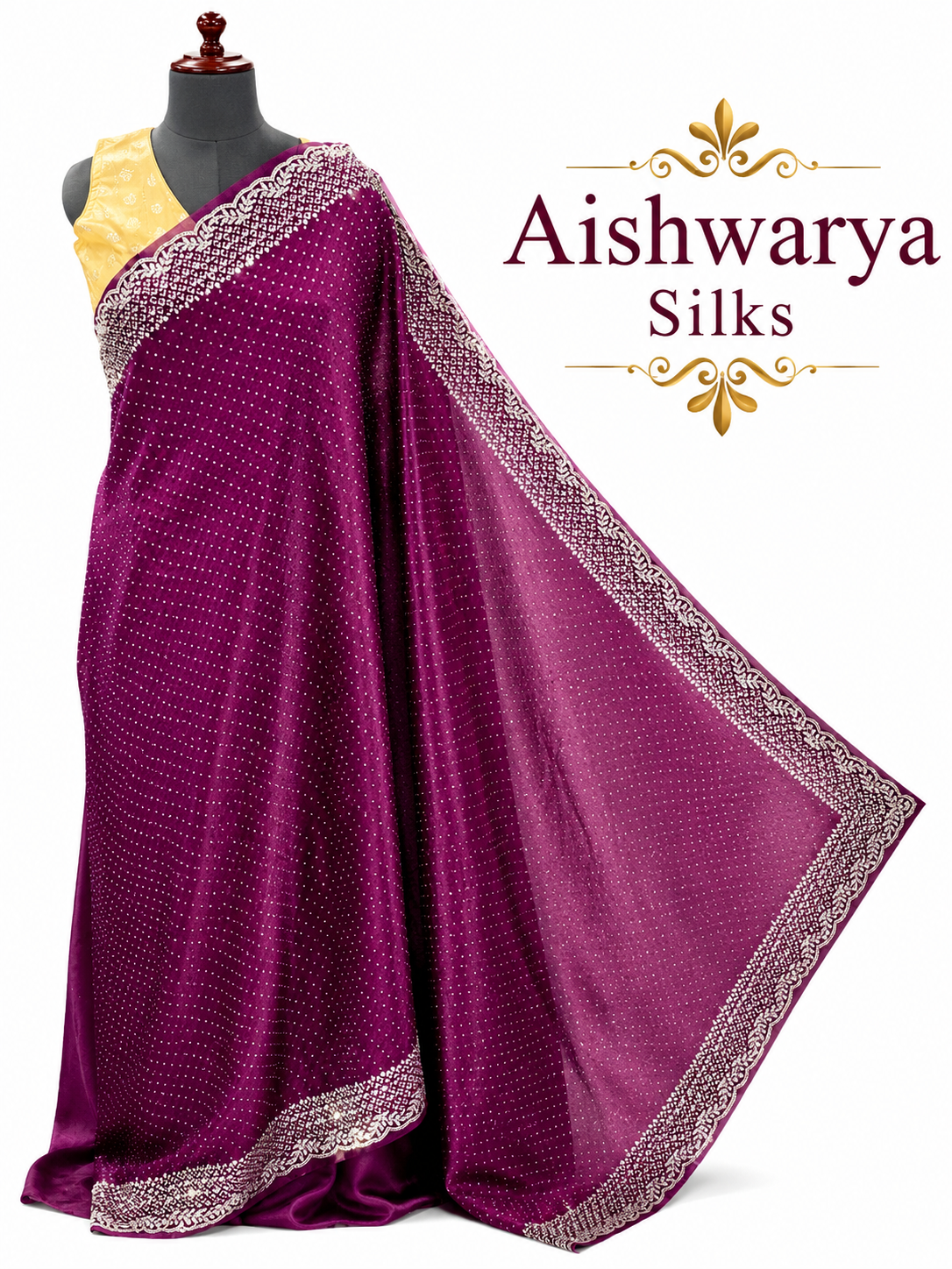 Magenta Purple Silk Saree with Intricate Silver Dot Work