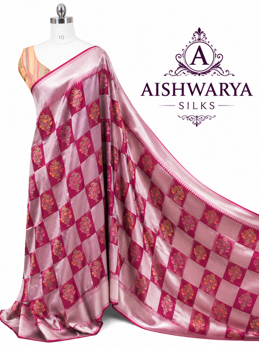 Rose Pink Banaras Saree with Floral Check Weaving