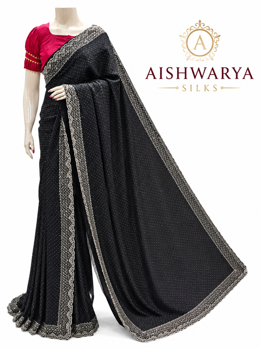 Midnight Black Silk Saree with Intricate Silver Dot Work