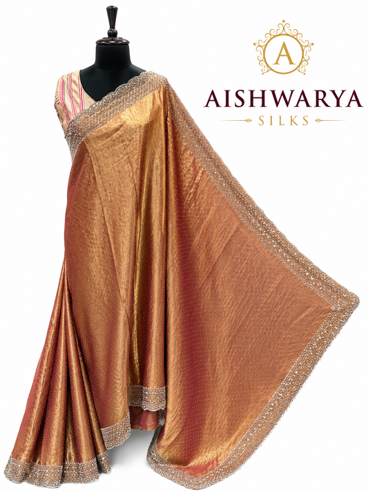 Copper Gold Silk Saree with Intricate Silver Dot Work