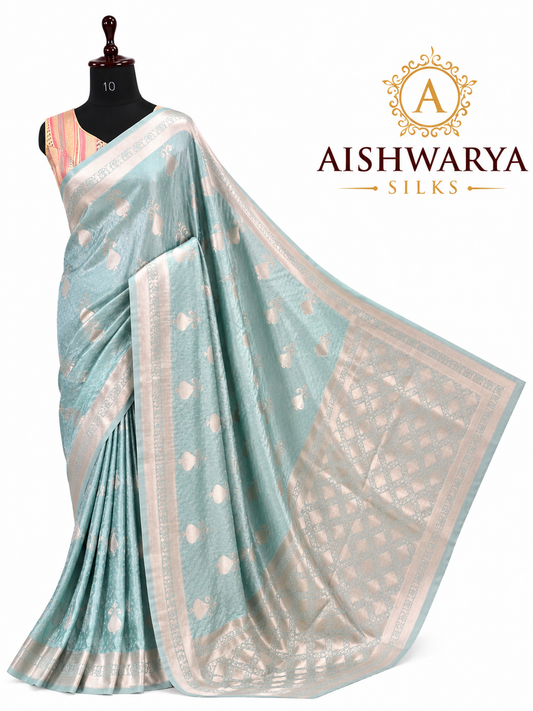 Pastel Aqua Satin Banarasi Saree with Silver Zari Buttas