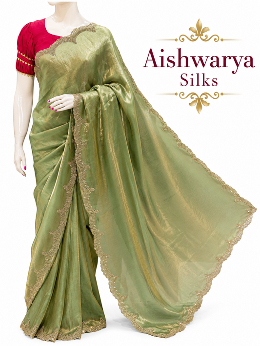 Pista Green Silk Saree with Elegant Scallop Cut Work Border