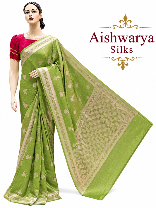 Pista Green Satin Banaras Saree with Traditional Zari Weaving
