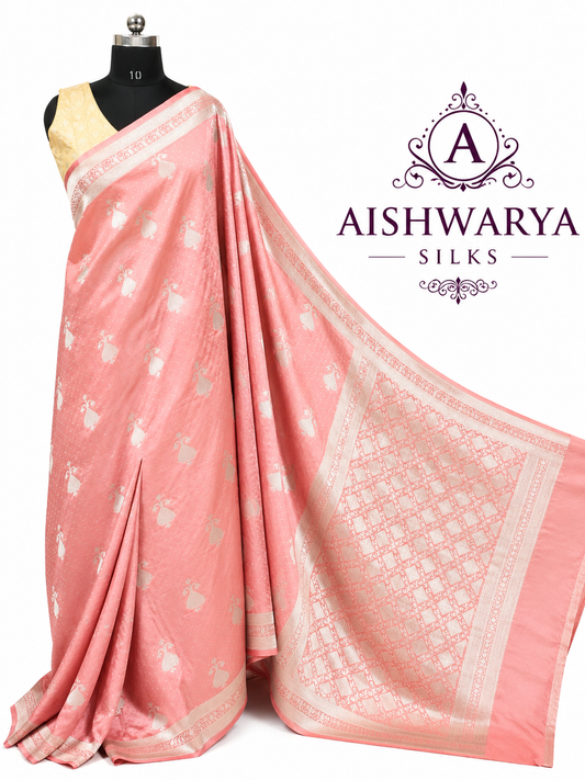Peach Pink Satin Banaras Saree with Silver Zari Weaving