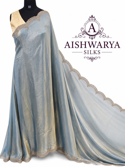 Ice Blue Silk Saree with Elegant Scallop Cut Work Border