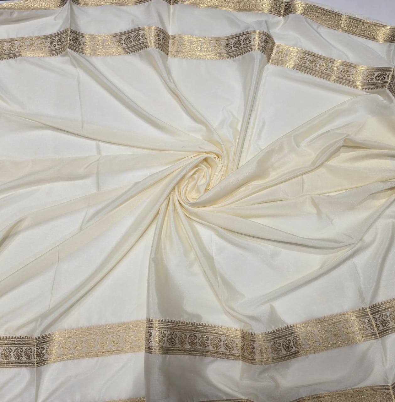 Cream & Gold Traditional Semi Mysore Crape Saree