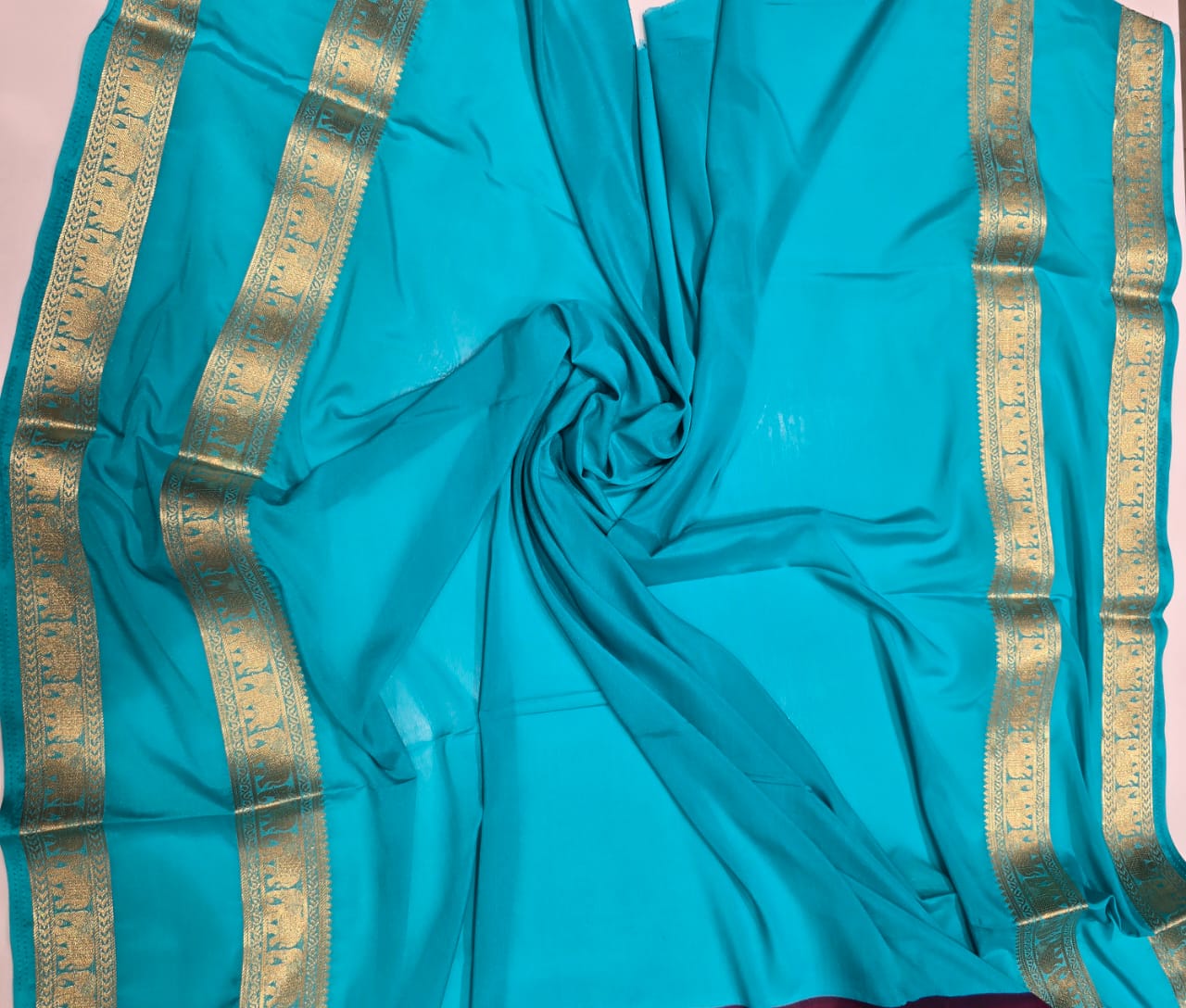 Wine & Turquoise Blue Semi Mysore Crape Saree